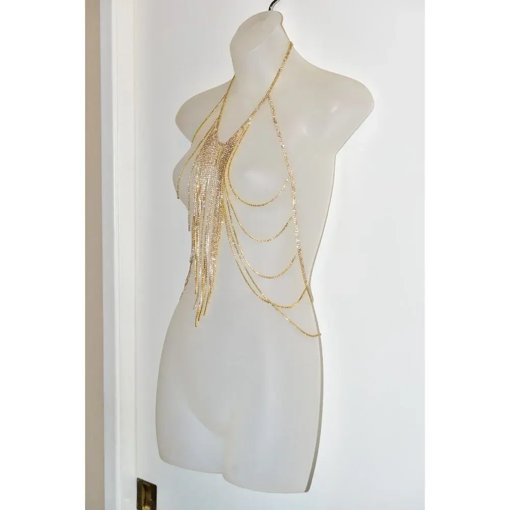Vintage Body Necklace Top Wrap Rhinestone Crystal Gold Tone Fringe Chain Belt